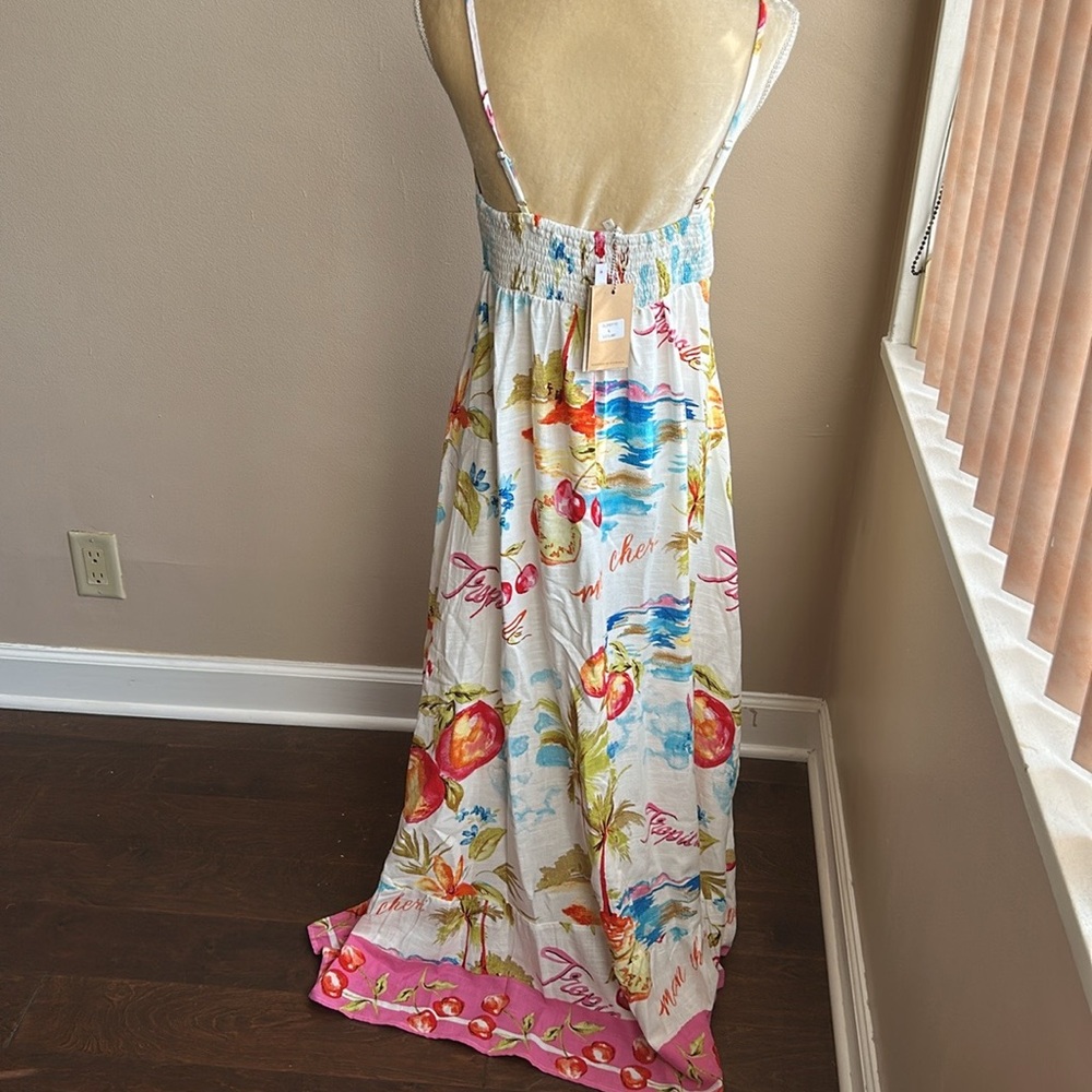 Label Of Love Leilani Dress New Sz L Linen Blend Smocking Tropical Fruits - Picture 5 of 5